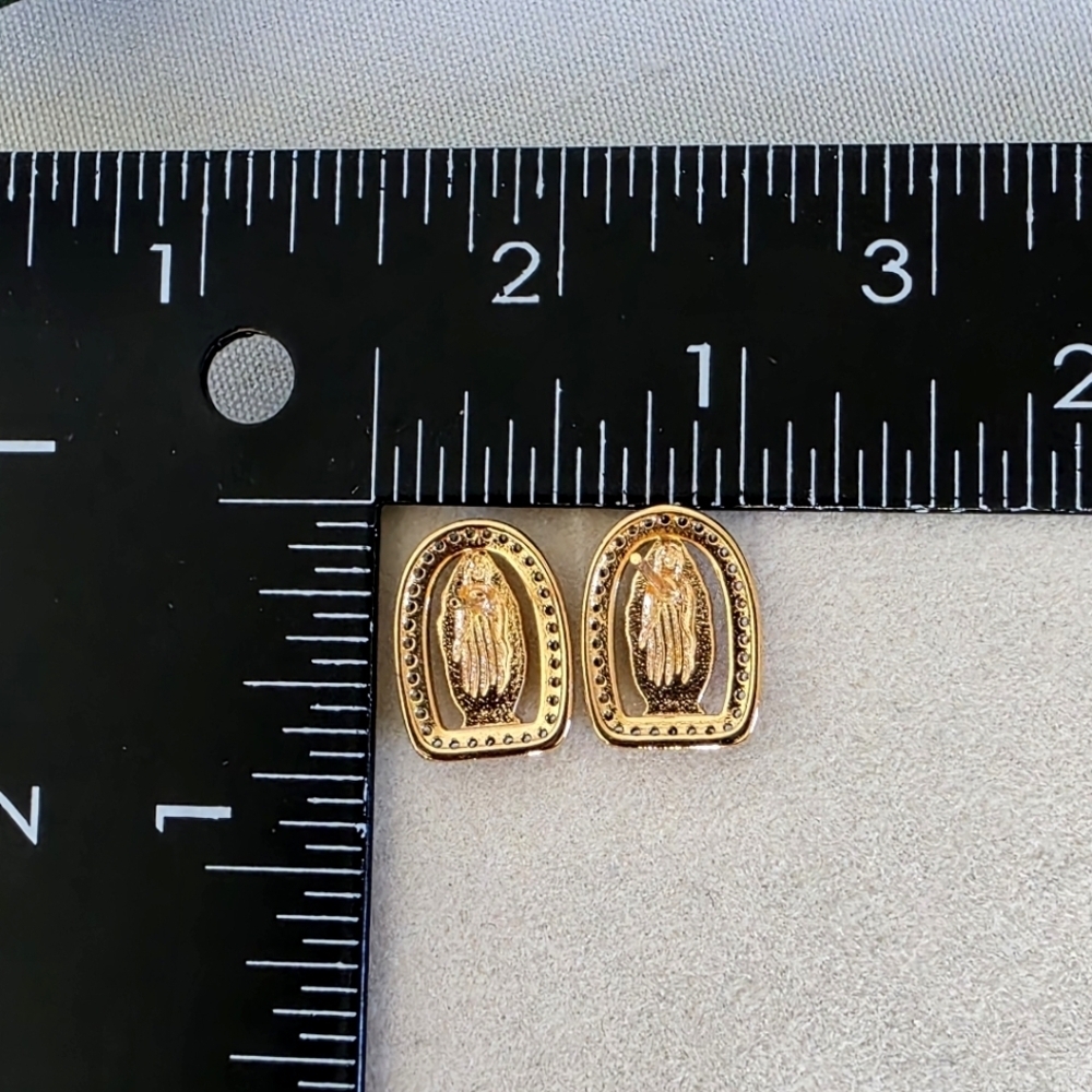 Yellow Gold Religious Icon Small Earrings Pave Crystals - Picture 5 of 7